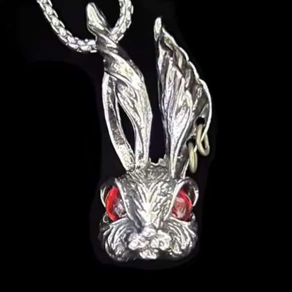 Punk Rock Rabbit- Bunny Hare Red Garnet Eyes Pierced Ears Animal Silver Necklace - Picture 14 of 16